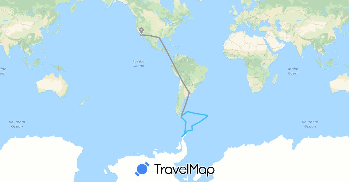 TravelMap itinerary: plane, boat in Argentina, Chile, Falkland Islands, South Georgia and the South Sandwich Islands, United States (Antarctica, North America, South America)
